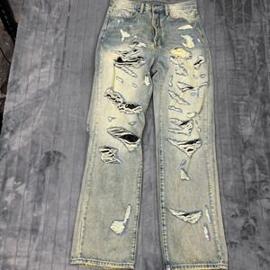 MNML Mens Distressed Relaxed Fit Denim Jeans Light Wash Ripped Size 30 RN139488